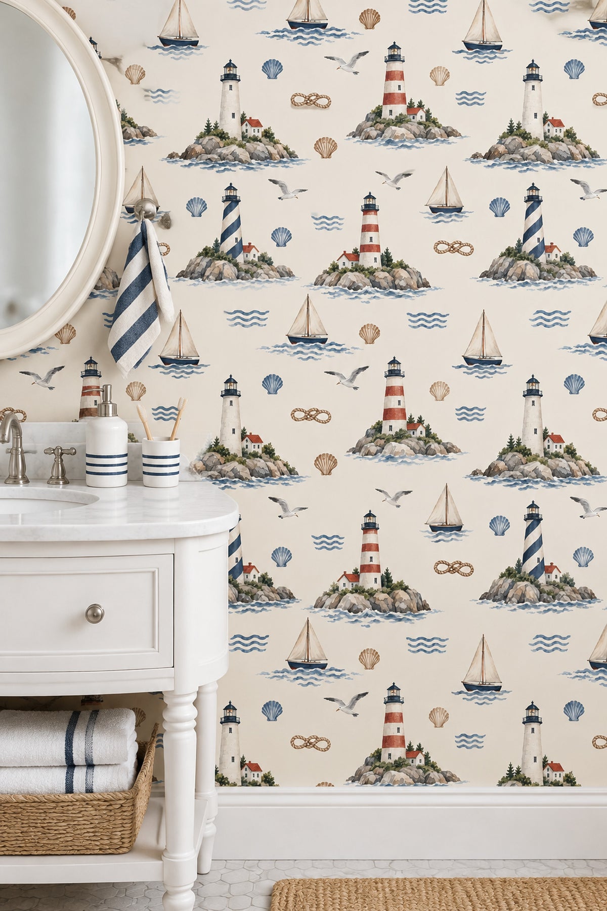 Lighthouses And Sailboats Wallpaper Watercolor Nautical Repeat