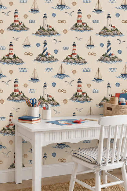 Lighthouses And Sailboats Wallpaper Watercolor Nautical Repeat