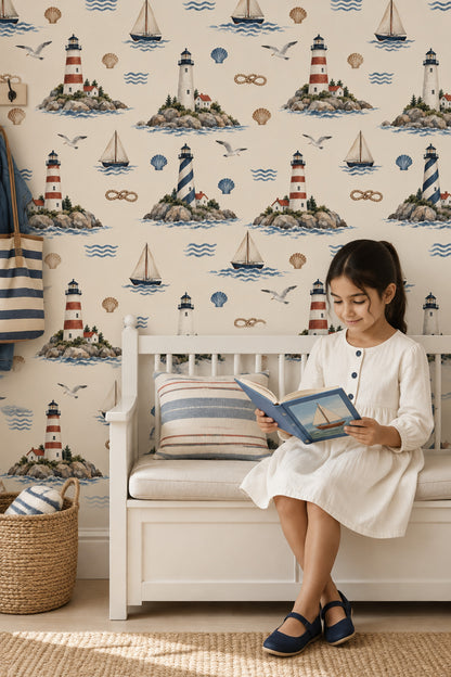 Lighthouses And Sailboats Wallpaper Watercolor Nautical Repeat