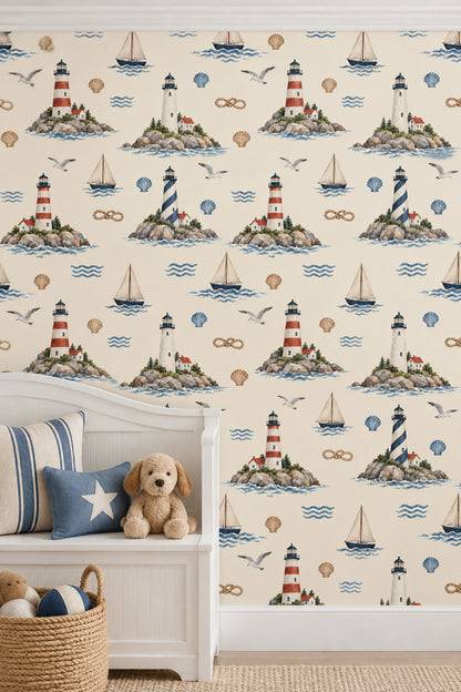Lighthouses And Sailboats Wallpaper Watercolor Nautical Repeat