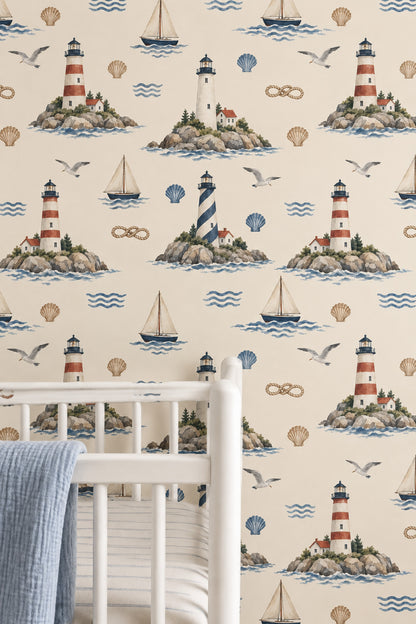 Lighthouses And Sailboats Wallpaper Watercolor Nautical Repeat