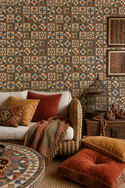 Patchwork Quilt Blocks Wallpaper Rustic Wood Grid