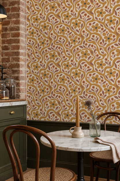 Retro Flowers Wallpaper In Cream And Mustard With Wavy Botanical Stripes