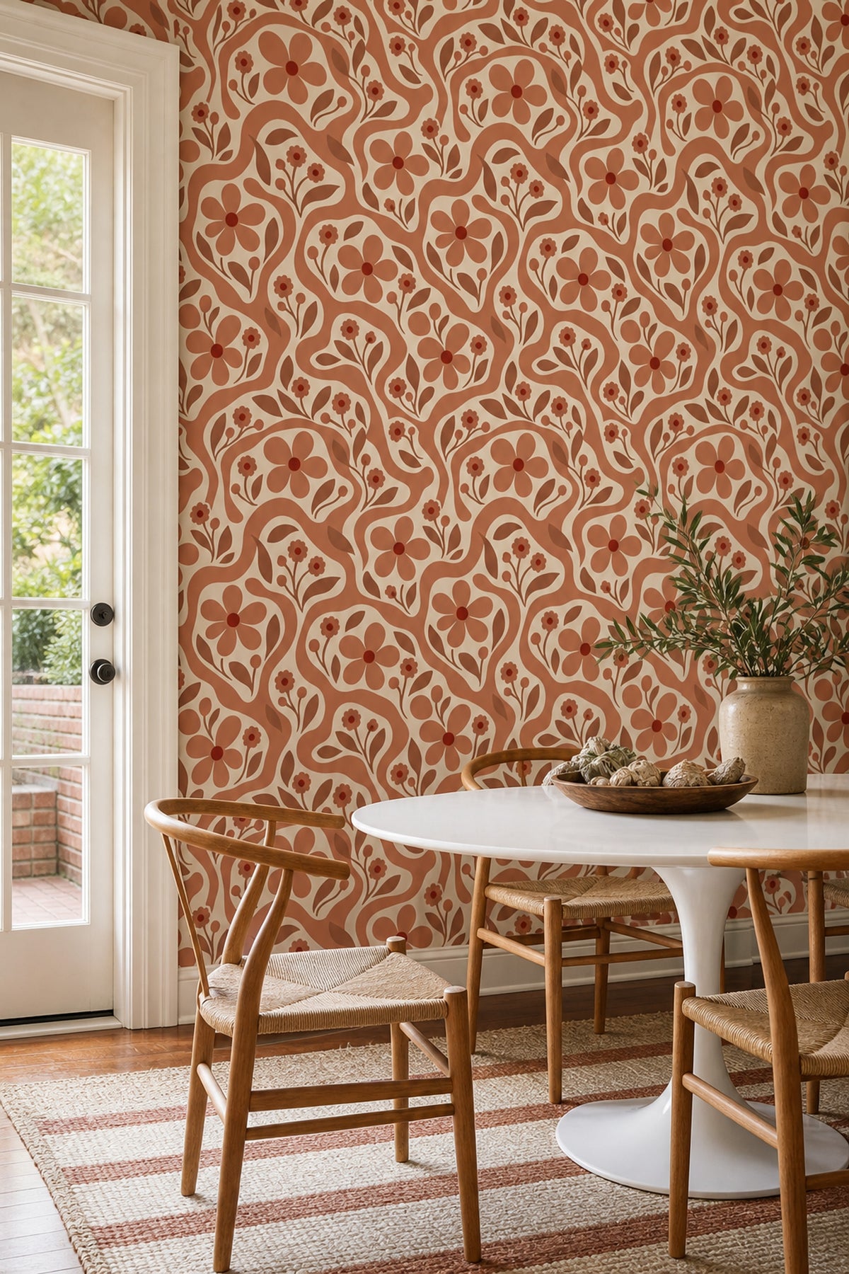 Terracotta Floral Wallpaper Retro Botanical Vines On Cream
