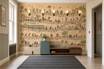 Music Notes European City Wallpaper Mural Vintage Inspired Illustration