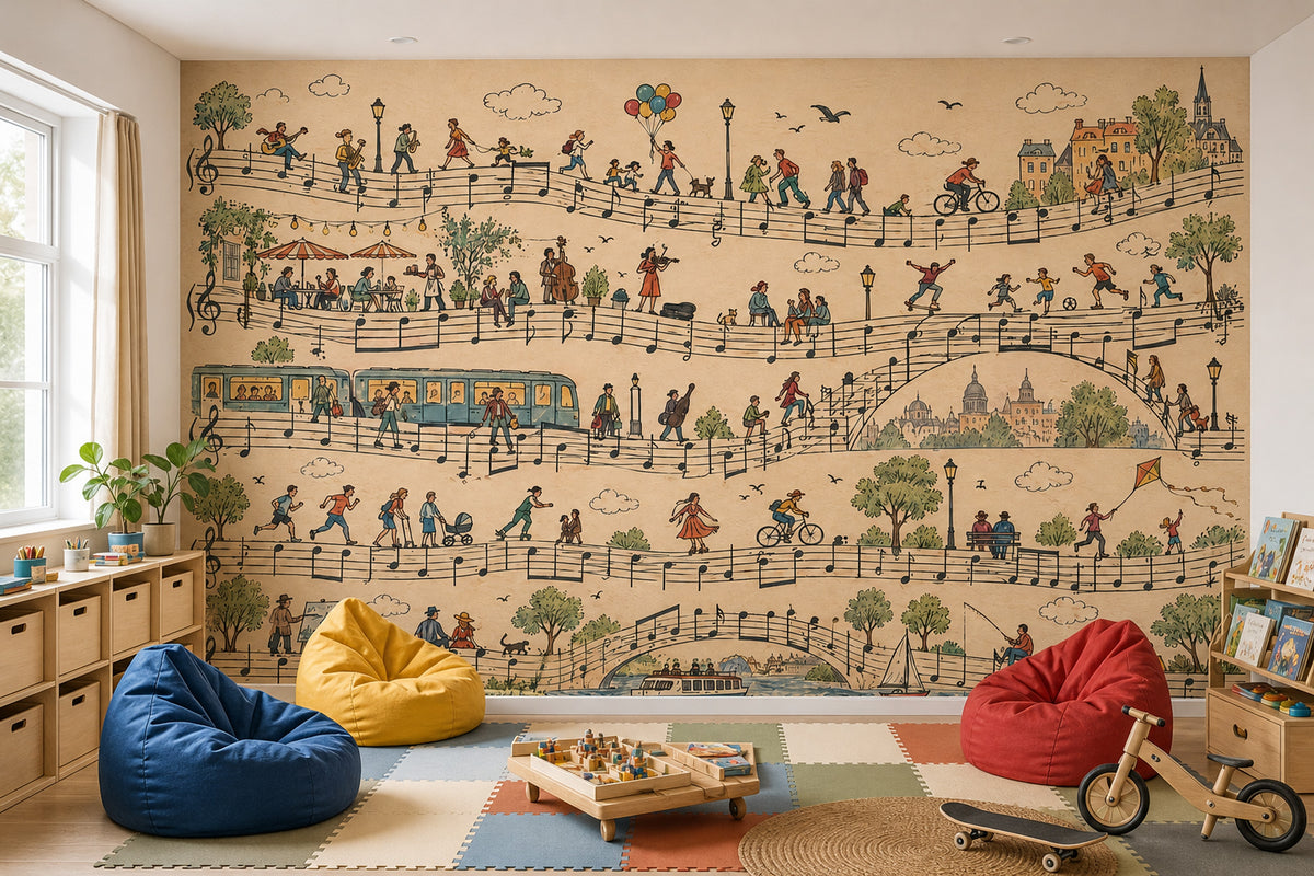 Music Notes European City Wallpaper Mural Vintage Inspired Illustration