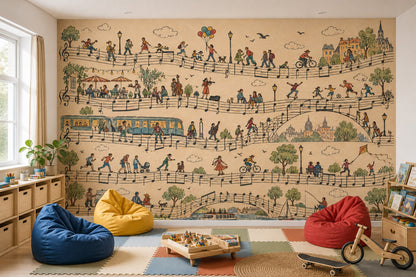 Music Notes European City Wallpaper Mural Vintage Inspired Illustration