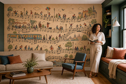 Music Notes European City Wallpaper Mural Vintage Inspired Illustration