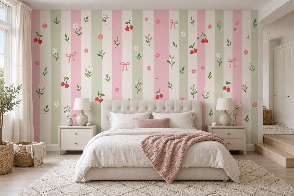 Pastel Stripes With Flowers Cherries And Bows Wallpaper Mural Pink And Sage
