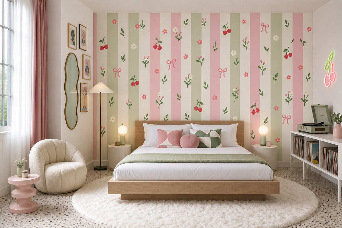 Pastel Stripes With Flowers Cherries And Bows Wallpaper Mural Pink And Sage