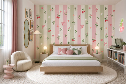 Pastel Stripes With Flowers Cherries And Bows Wallpaper Mural Pink And Sage
