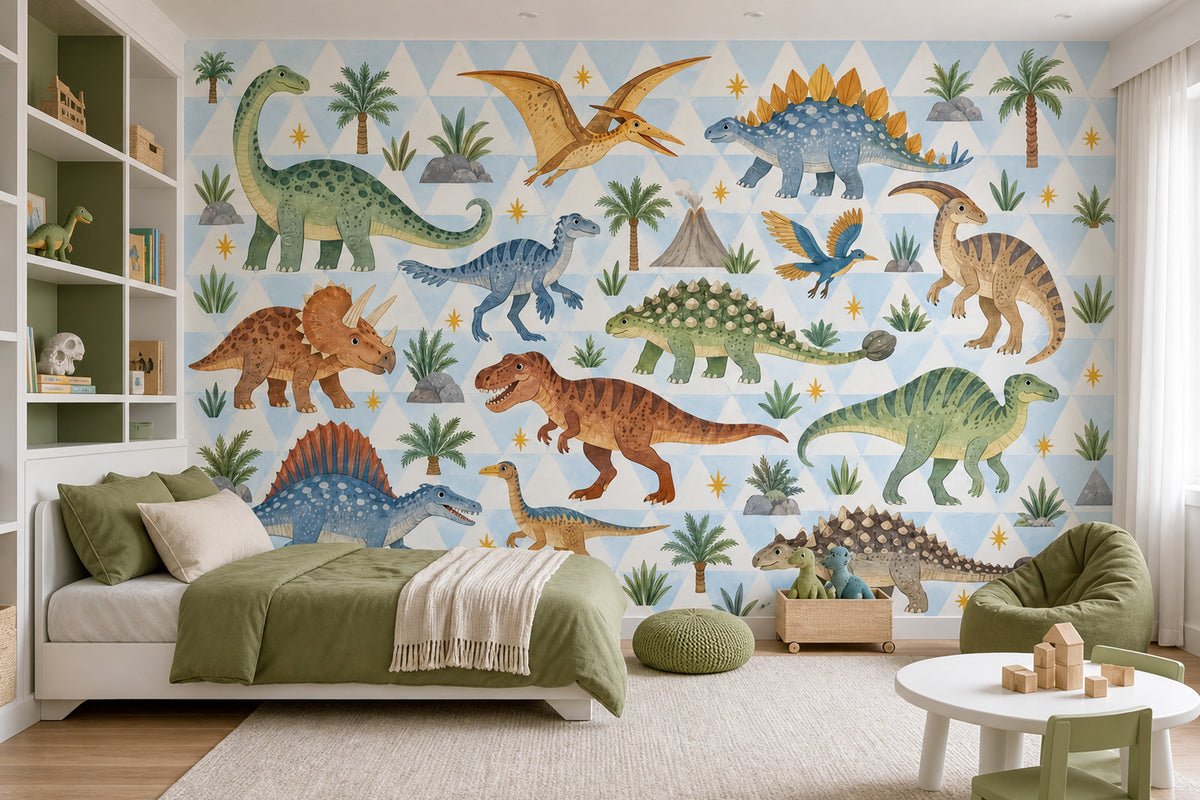 Cute Watercolor Dinosaurs Wallpaper Mural Pastel Blue Geometric Triangles