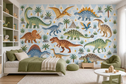 Cute Watercolor Dinosaurs Wallpaper Mural Pastel Blue Geometric Triangles