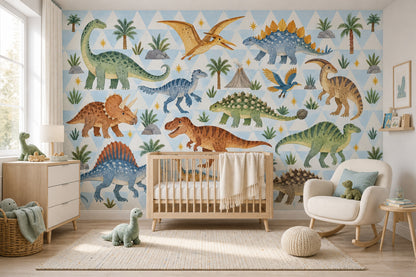 Cute Watercolor Dinosaurs Wallpaper Mural Pastel Blue Geometric Triangles
