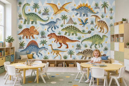 Cute Watercolor Dinosaurs Wallpaper Mural Pastel Blue Geometric Triangles