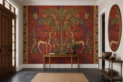 Tree Of Life With Gazelles Wallpaper Mural: Vintage Inspired Rust Red