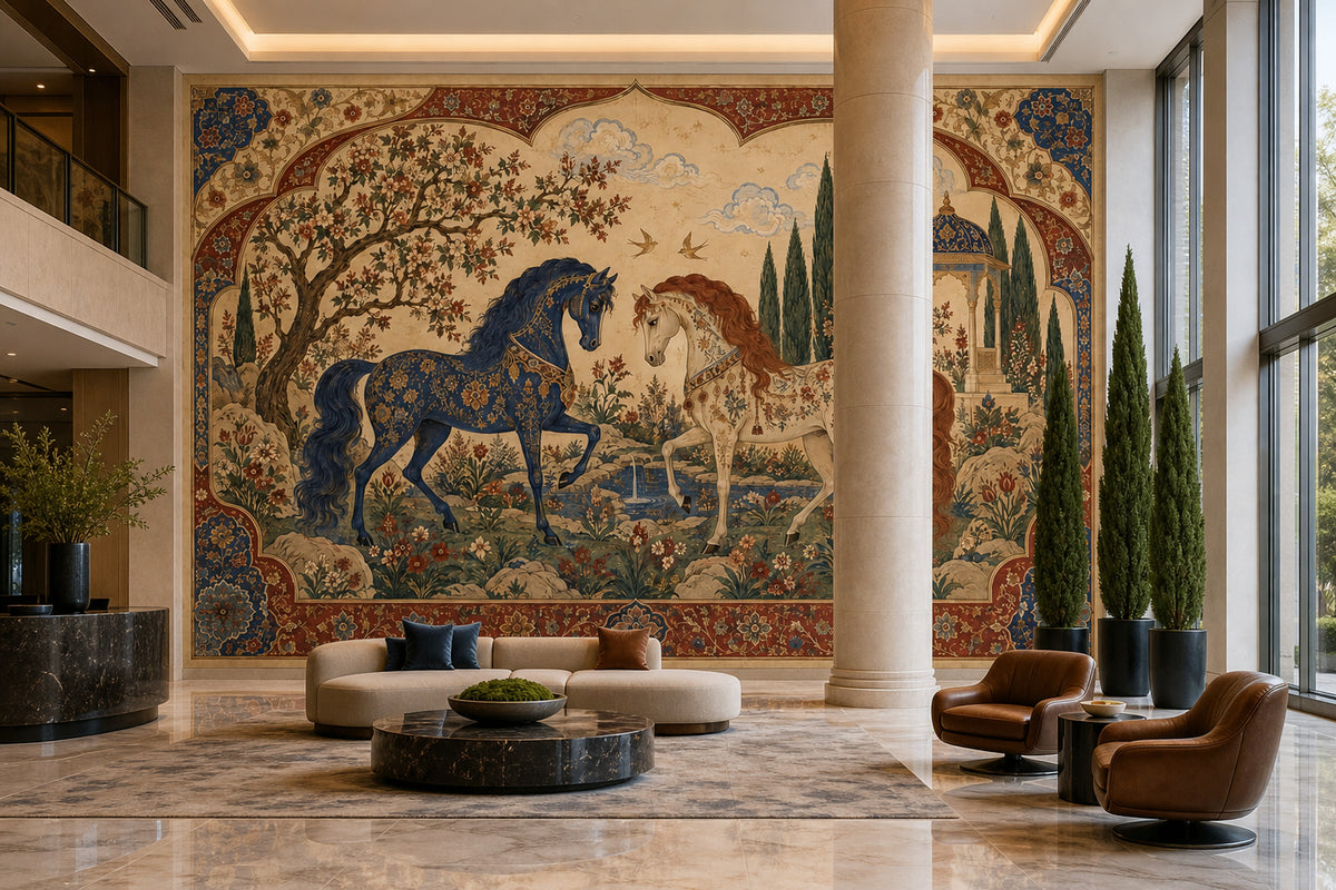 Ornate Horses In A Persian Garden Wallpaper Mural, Navy And Burgundy Vintage Inspired Manuscript Style