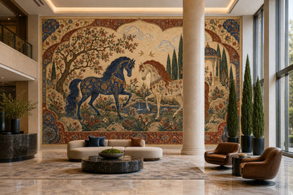 Ornate Horses In A Persian Garden Wallpaper Mural, Navy And Burgundy Vintage Inspired Manuscript Style