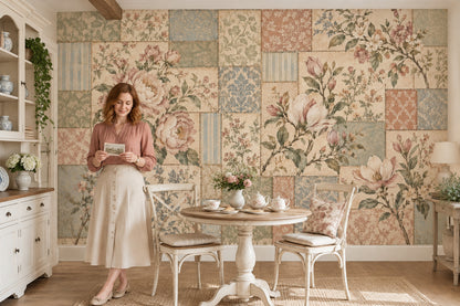 Pink Cream Roses Wallpaper Mural In Vintage Inspired Patchwork Style