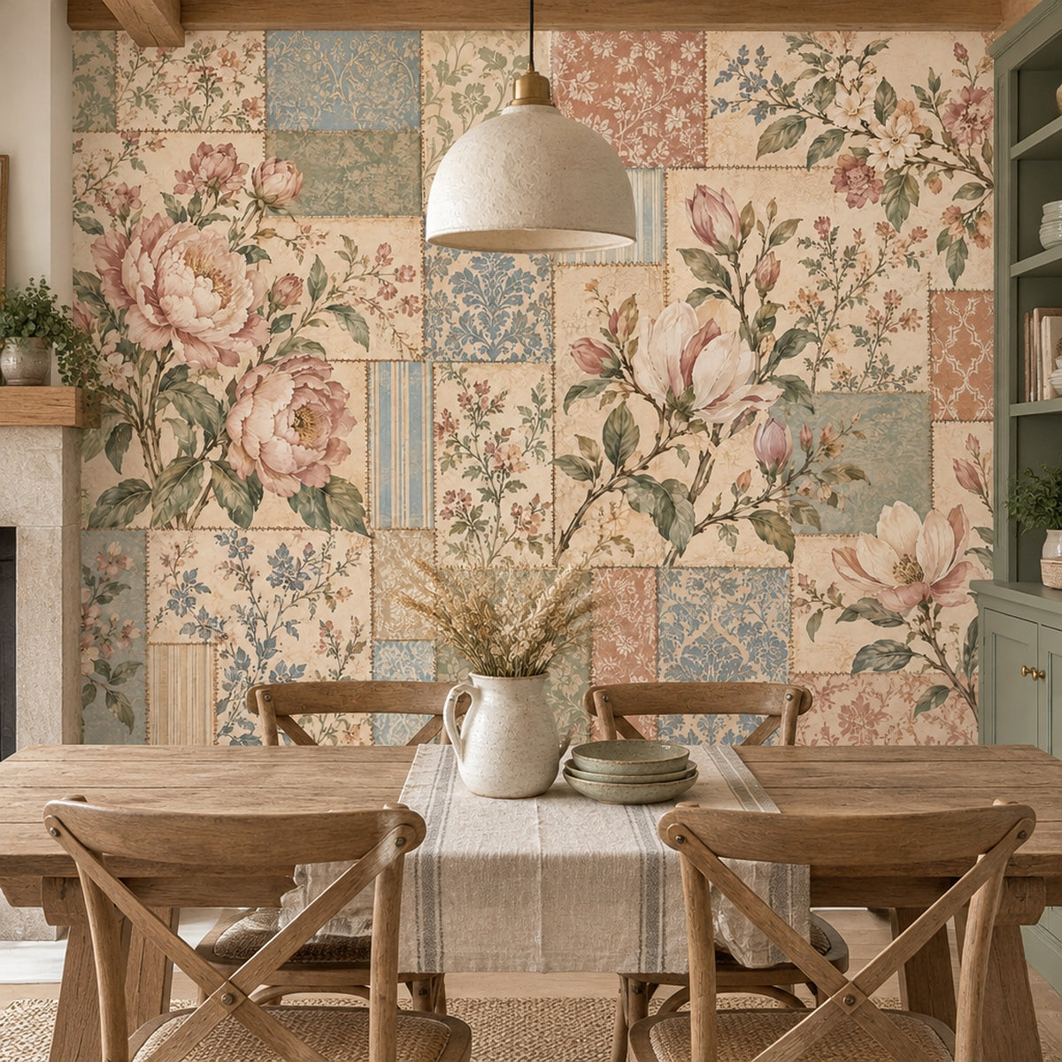 Pink Cream Roses Wallpaper Mural In Vintage Inspired Patchwork Style