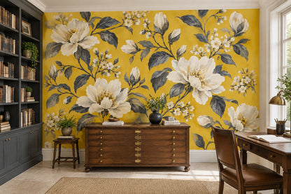 Cream White Blossoms Wallpaper Mural Mustard Yellow Vintage Inspired Botanical
