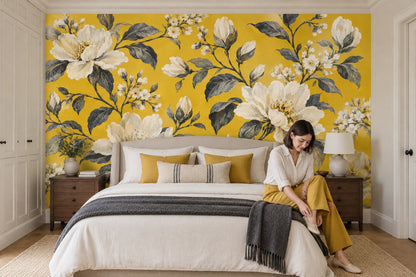 Cream White Blossoms Wallpaper Mural Mustard Yellow Vintage Inspired Botanical