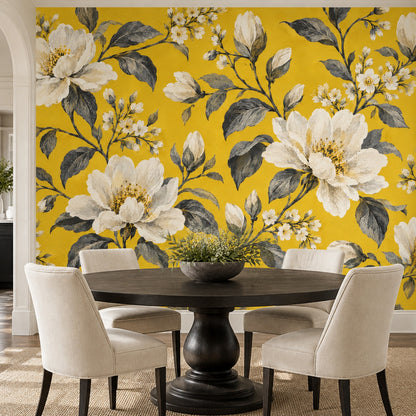 Cream White Blossoms Wallpaper Mural Mustard Yellow Vintage Inspired Botanical
