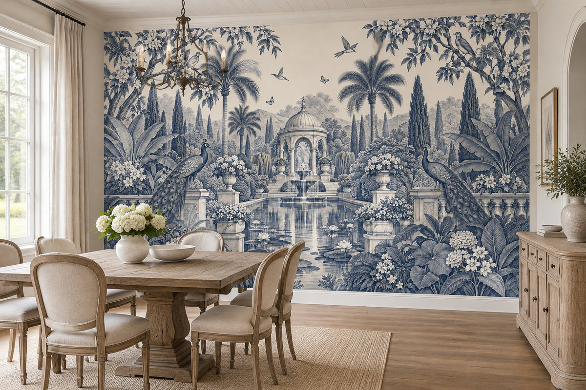 Peacocks In A Fountain Garden Wallpaper Mural, Blue Toile Chinoiserie