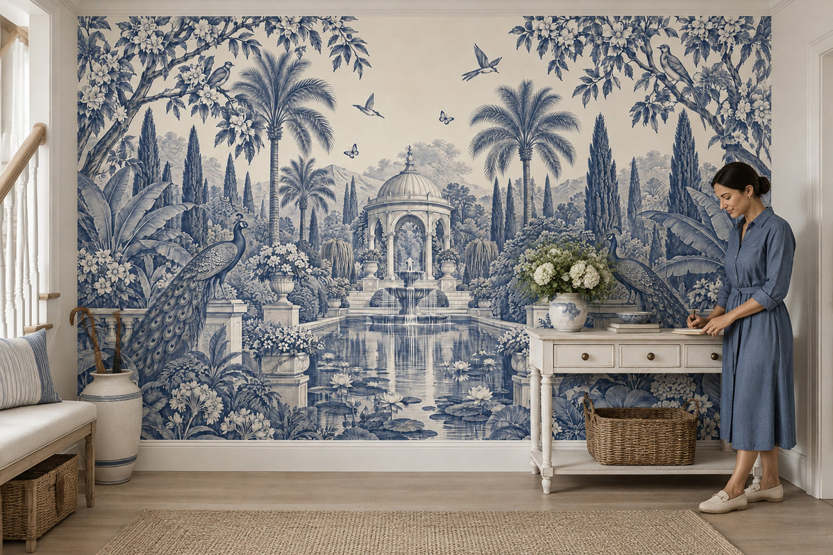 Peacocks In A Fountain Garden Wallpaper Mural, Blue Toile Chinoiserie