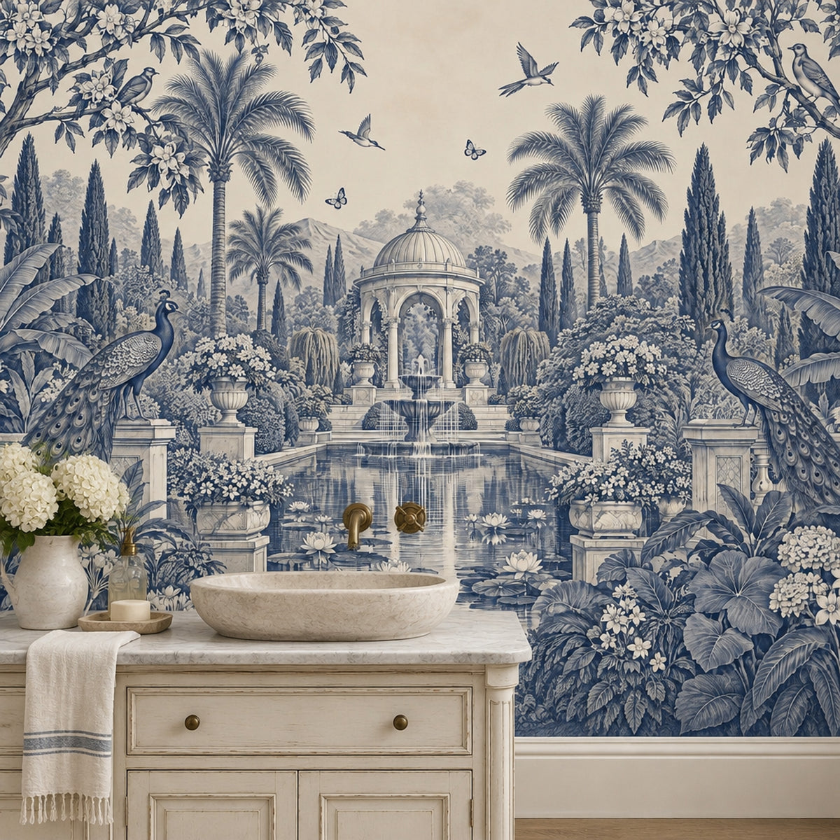 Peacocks In A Fountain Garden Wallpaper Mural, Blue Toile Chinoiserie