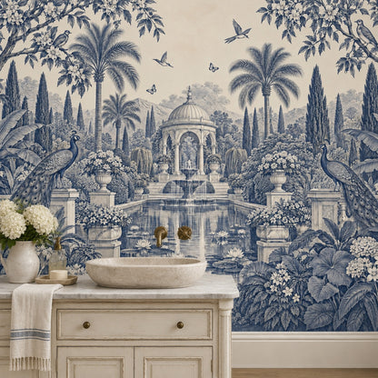 Peacocks In A Fountain Garden Wallpaper Mural, Blue Toile Chinoiserie