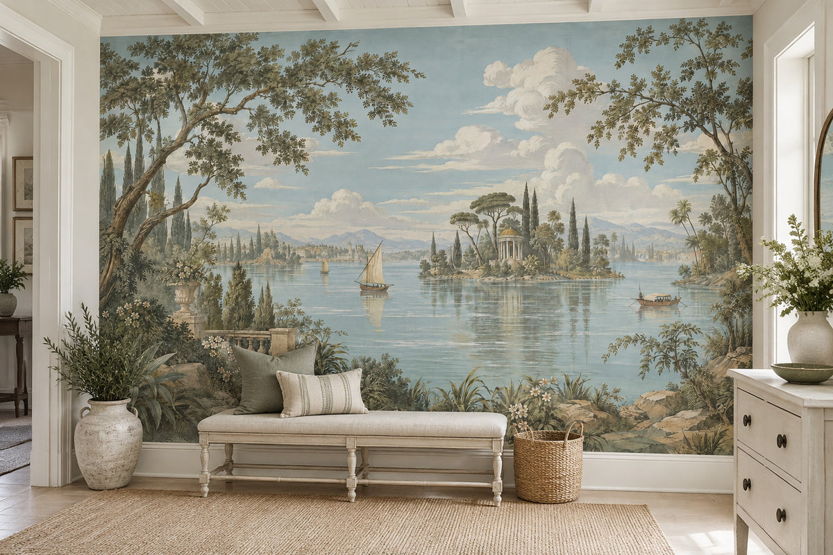 Italian Lake Sailboats Wallpaper Mural Vintage Inspired Pastel Temple View