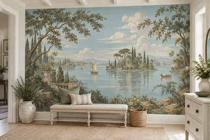 Italian Lake Sailboats Wallpaper Mural Vintage Inspired Pastel Temple View
