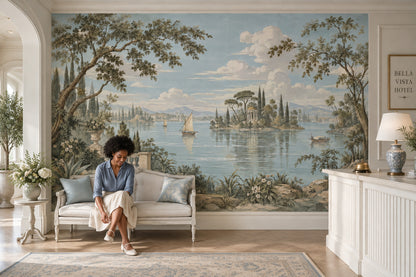 Italian Lake Sailboats Wallpaper Mural Vintage Inspired Pastel Temple View