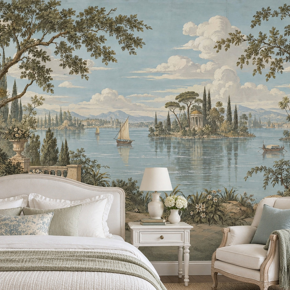 Italian Lake Sailboats Wallpaper Mural Vintage Inspired Pastel Temple View