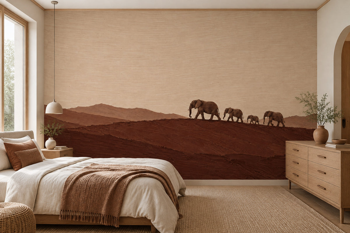 Elephant Herd Wallpaper Mural In Earth Tones, Textured Desert Horizon