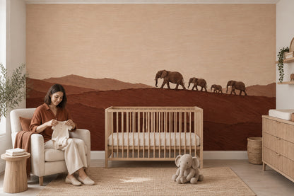 Elephant Herd Wallpaper Mural In Earth Tones, Textured Desert Horizon