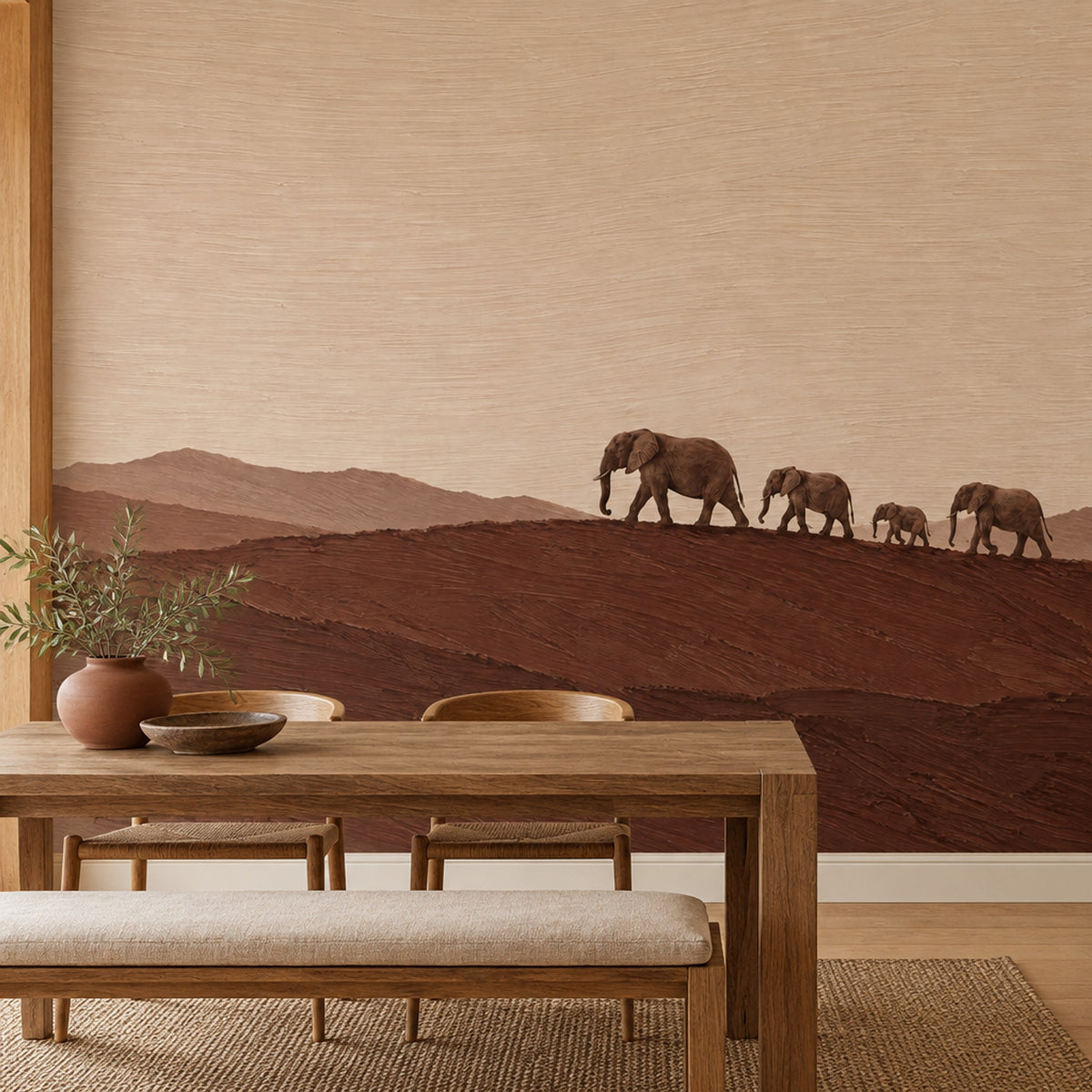 Elephant Herd Wallpaper Mural In Earth Tones, Textured Desert Horizon