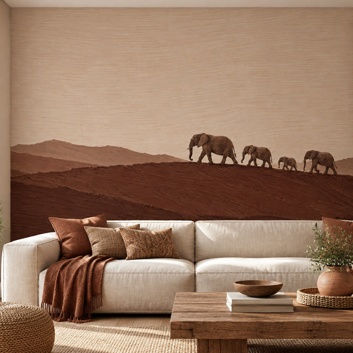 Elephant Herd Wallpaper Mural In Earth Tones, Textured Desert Horizon
