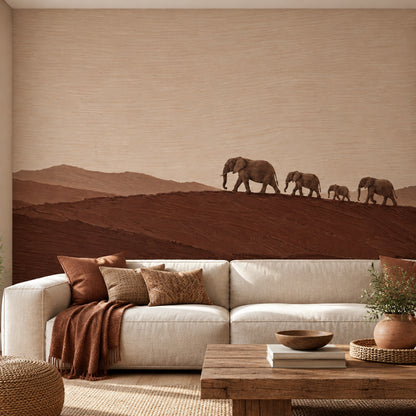 Elephant Herd Wallpaper Mural In Earth Tones, Textured Desert Horizon