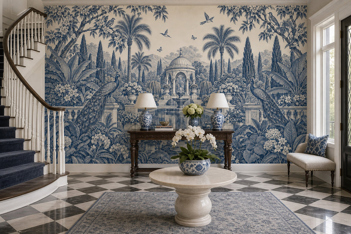 Peacocks In A Fountain Garden Wallpaper Mural, Blue Toile Chinoiserie