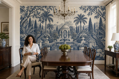 Peacocks In A Fountain Garden Wallpaper Mural, Blue Toile Chinoiserie