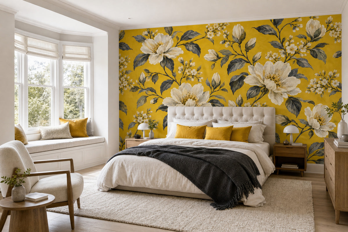 Cream White Blossoms Wallpaper Mural Mustard Yellow Vintage Inspired Botanical