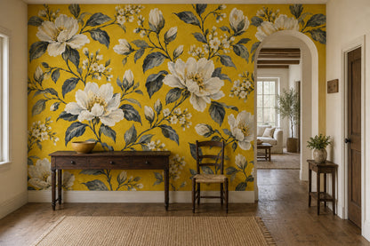 Cream White Blossoms Wallpaper Mural Mustard Yellow Vintage Inspired Botanical
