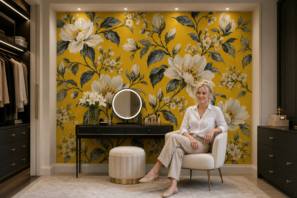 Cream White Blossoms Wallpaper Mural Mustard Yellow Vintage Inspired Botanical