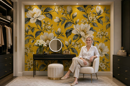 Cream White Blossoms Wallpaper Mural Mustard Yellow Vintage Inspired Botanical