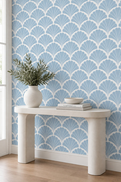 Fan Shell Motif Wallpaper Art Deco Geometric In Pastel Blue