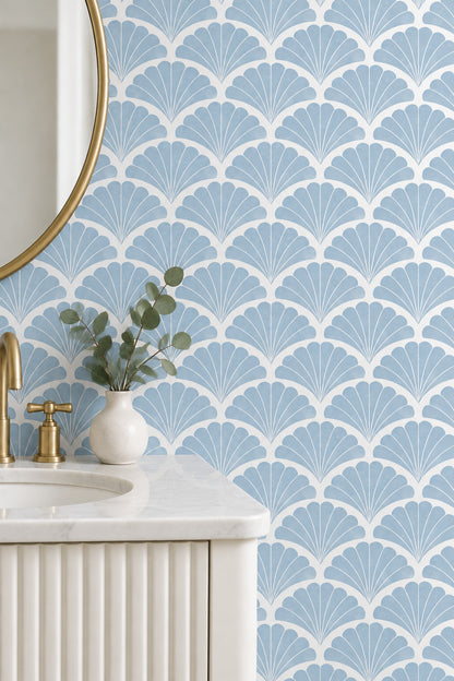Fan Shell Motif Wallpaper Art Deco Geometric In Pastel Blue