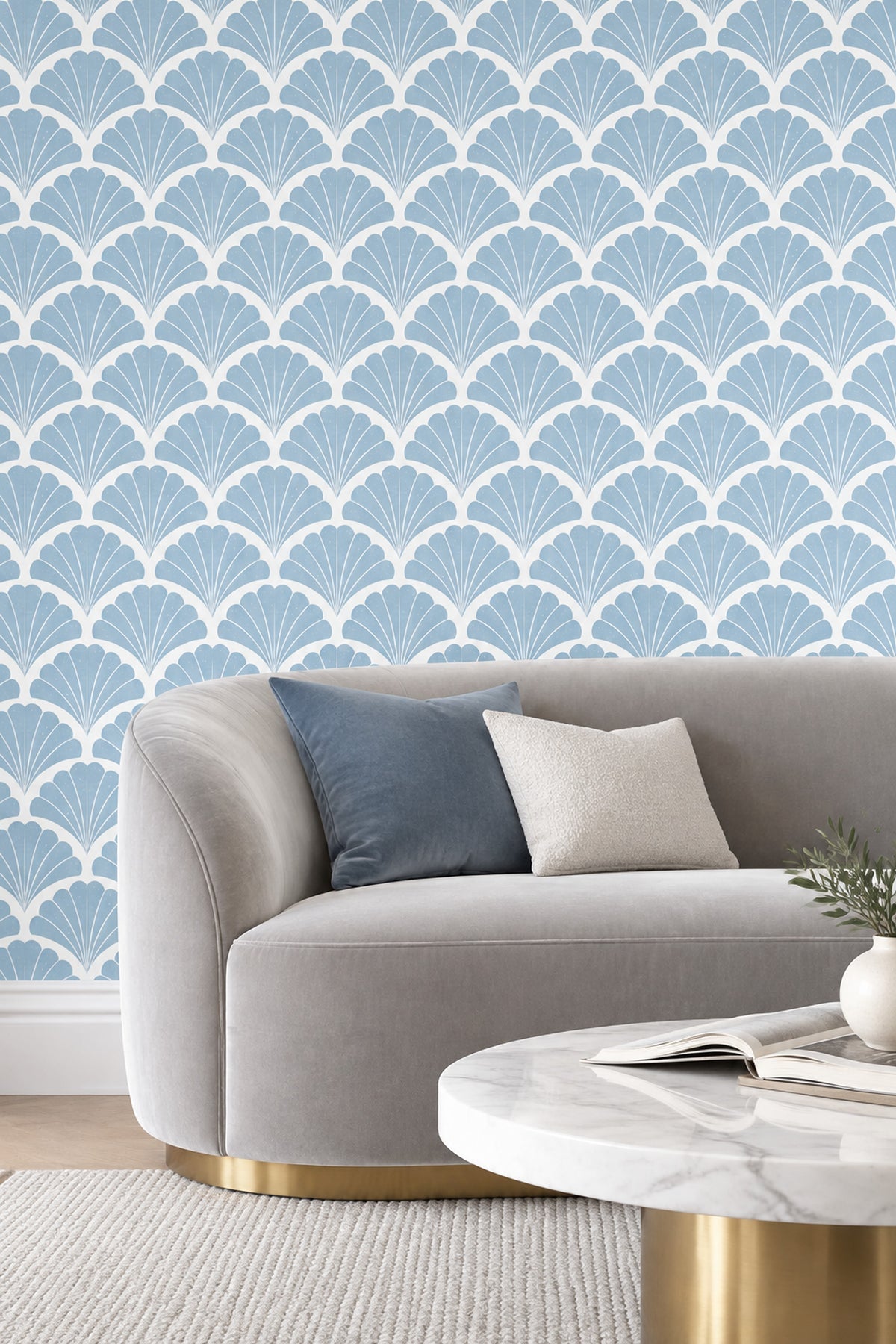 Fan Shell Motif Wallpaper Art Deco Geometric In Pastel Blue