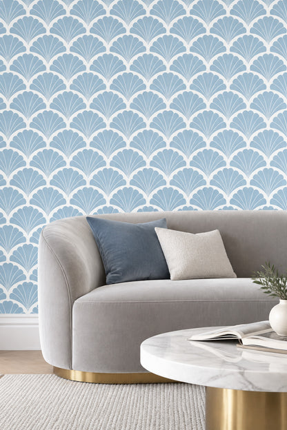 Fan Shell Motif Wallpaper Art Deco Geometric In Pastel Blue